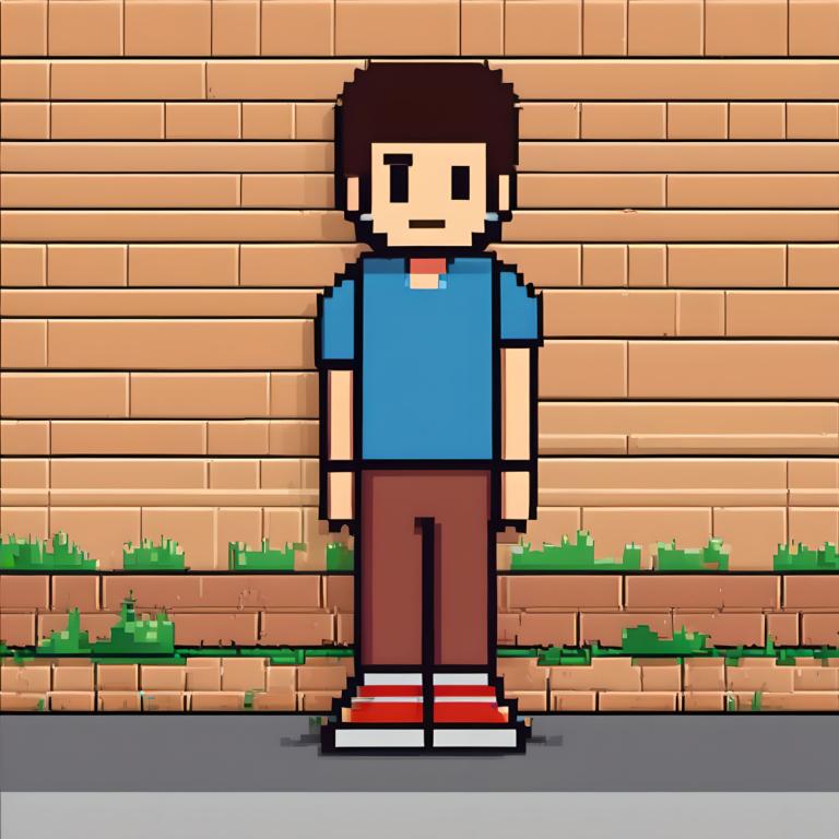 Pixel Art,Pixel Art, People, boy, 1boy, male focus, solo, shirt, blue shirt, facial hair, brown pants, pants