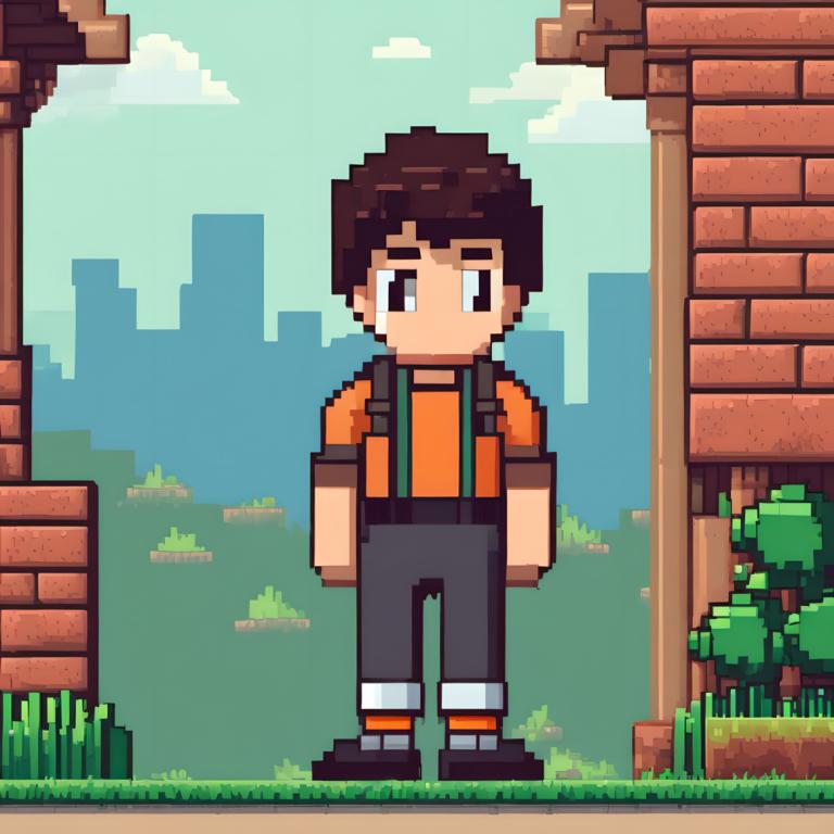 Pixel Art,Pixel Art, People, boy, 1boy, male focus, brown hair, solo, outdoors, grass, standing, tree, day