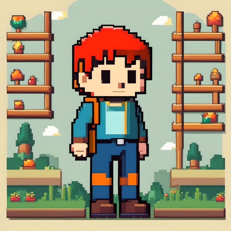 Pixel Art,Pixel Art, People, boy, 1boy, male focus, brown footwear, solo, blue pants, outdoors, standing