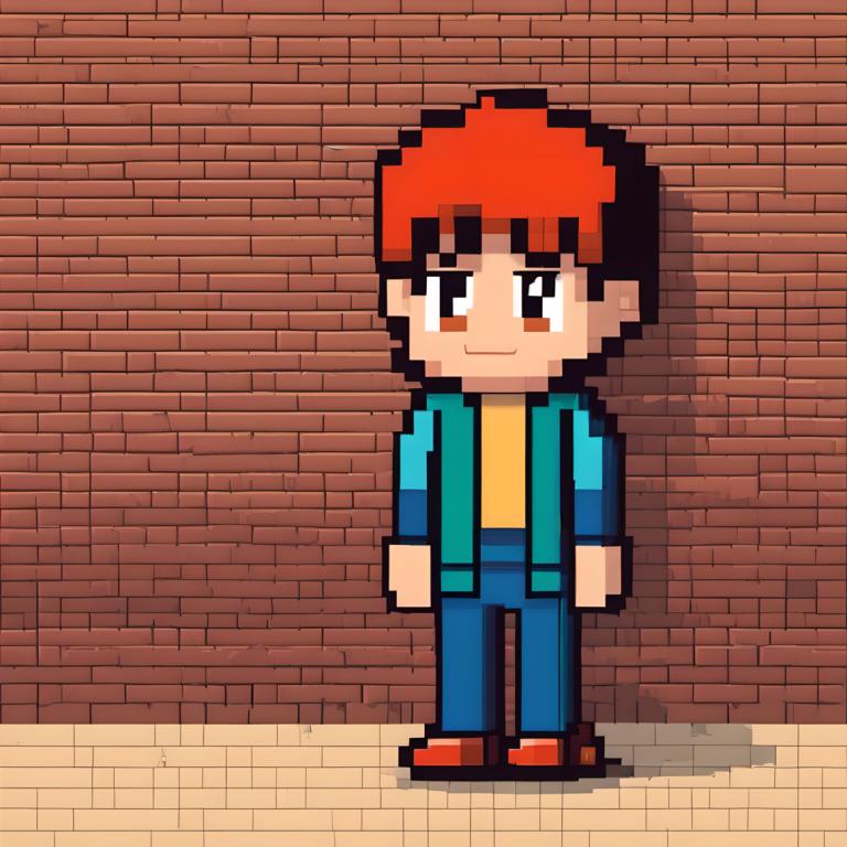 Pixel Art,Pixel Art, People, boy, solo, 1boy, male focus, yellow shirt, brick wall, smile, brown eyes, pants