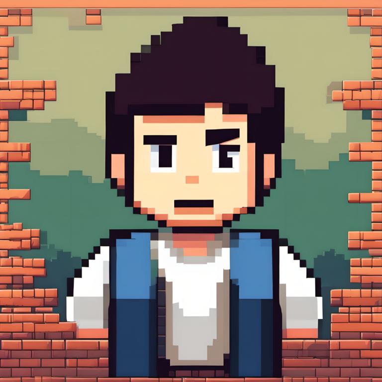 Pixel Art,Pixel Art, People, boy, 1boy, solo, male focus, brick wall, black hair, black eyes, facial hair