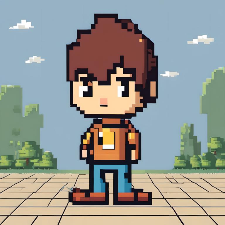 Pixel Art,Pixel Art, People, boy, 1boy, brown hair, male focus, solo, brown footwear, outdoors, sky, bag