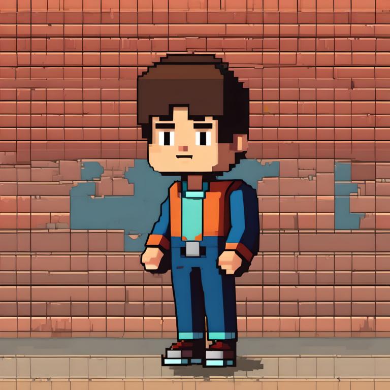 Pixel Art,Pixel Art, People, boy, 1boy, male focus, brown hair, solo, jacket, standing, shirt, pants, belt