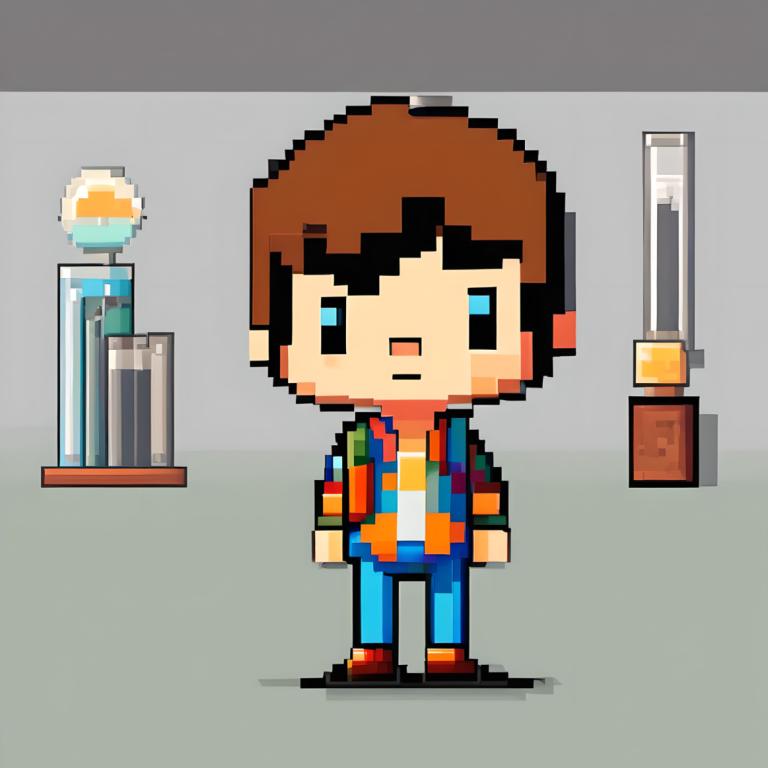 Pixel Art,Pixel Art, People, boy, 1boy, brown hair, male focus, solo, grey background, shirt, smile, standing