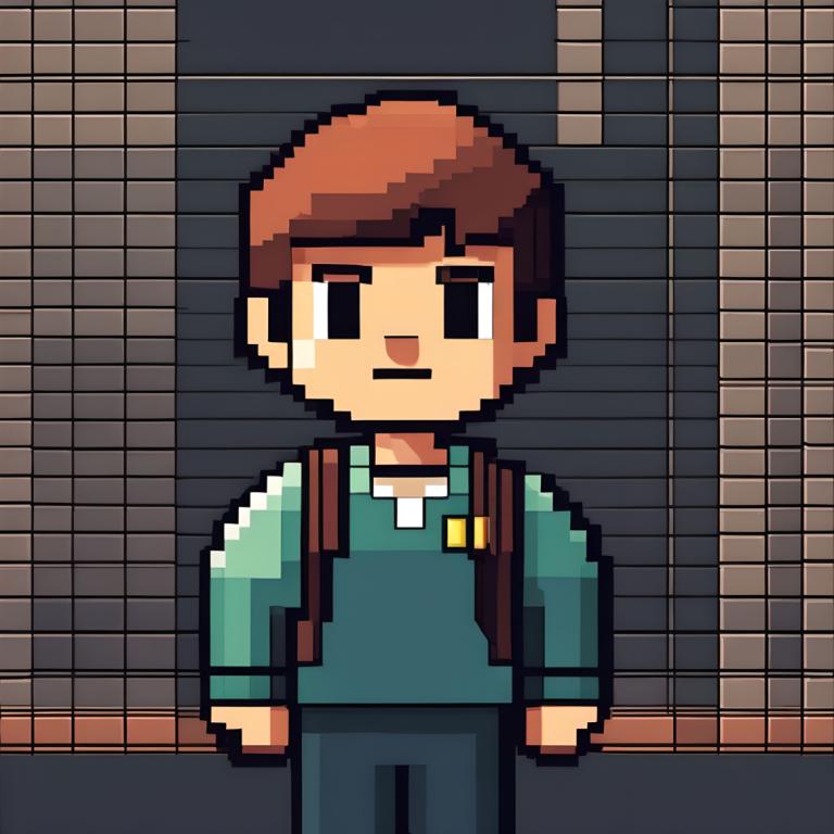 Pixel Art,Pixel Art, People, boy, brown hair, solo, 1boy, male focus, facial hair, green shirt, shirt