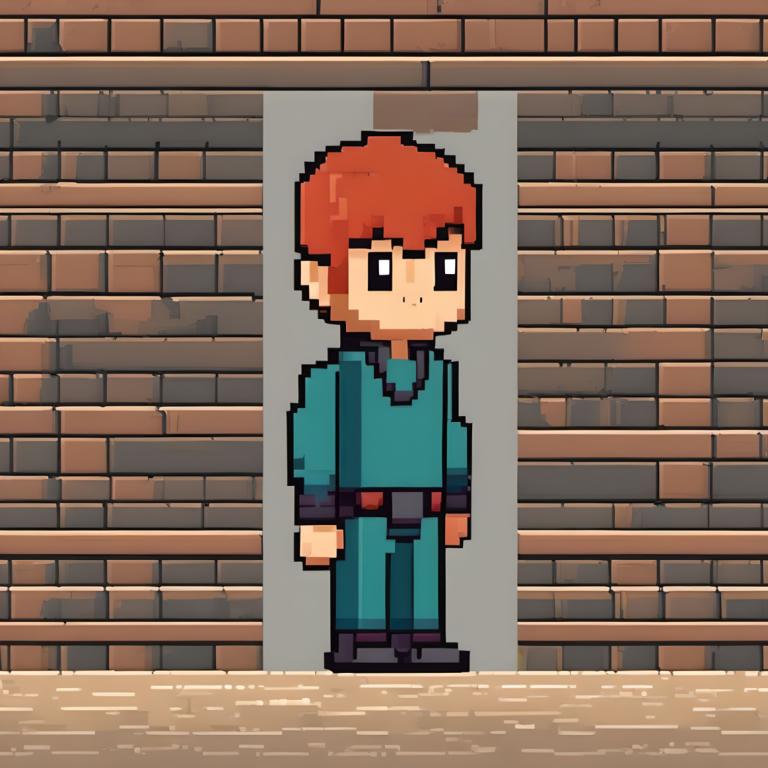 Pixel Art,Pixel Art, People, boy, 1boy, solo, male focus, brick wall, black footwear, belt, black eyes