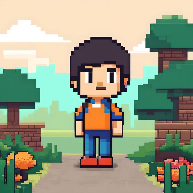 Pixel Art,Pixel Art, People, boy, 1boy, male focus, solo, outdoors, tree, standing, shirt, grass, black hair