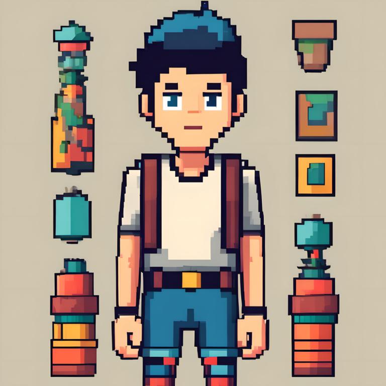 Pixel Art,Pixel Art, People, boy, 1boy, solo, male focus, shirt, belt, white shirt, shorts, grey background