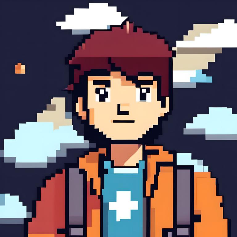 Pixel Art,Pixel Art, People, boy, 1boy, male focus, solo, facial hair, shirt, upper body, orange jacket