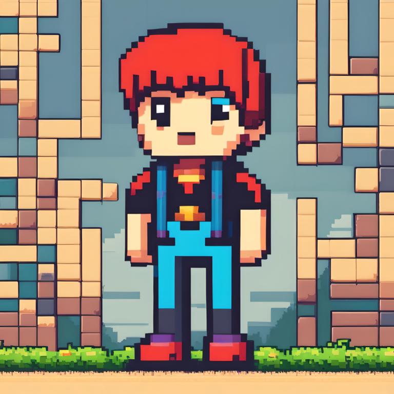 Pixel Art,Pixel Art, People, boy, 1boy, male focus, solo, red footwear, open mouth, smile, standing, red hair