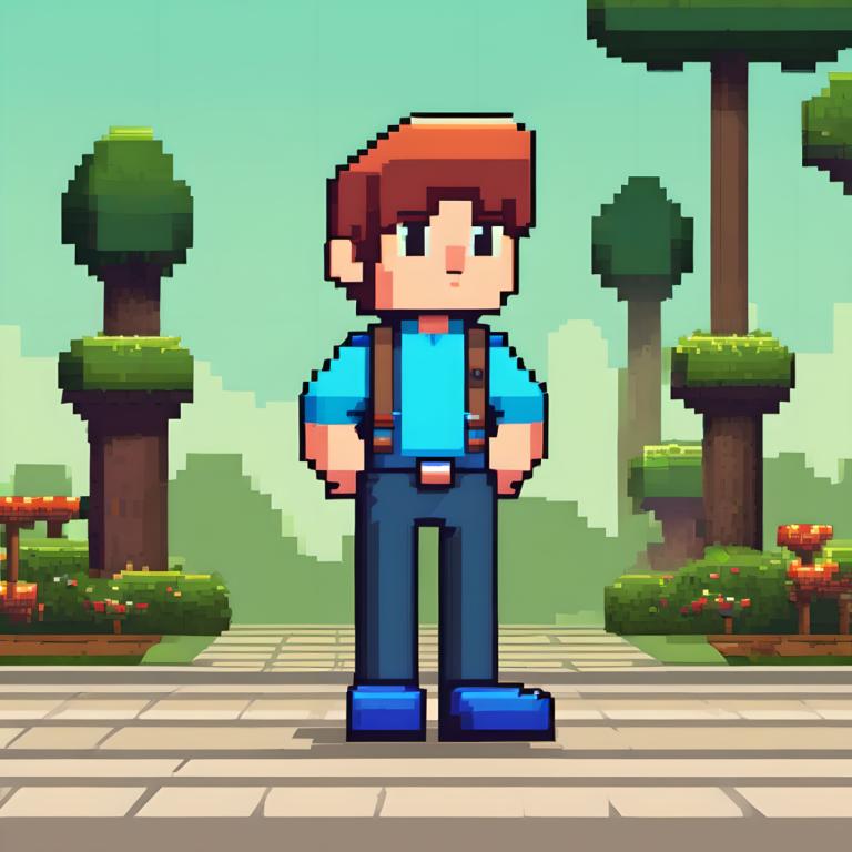 Pixel Art,Pixel Art, People, boy, shirt, 1boy, solo, male focus, tree, outdoors, brown hair, pants, day