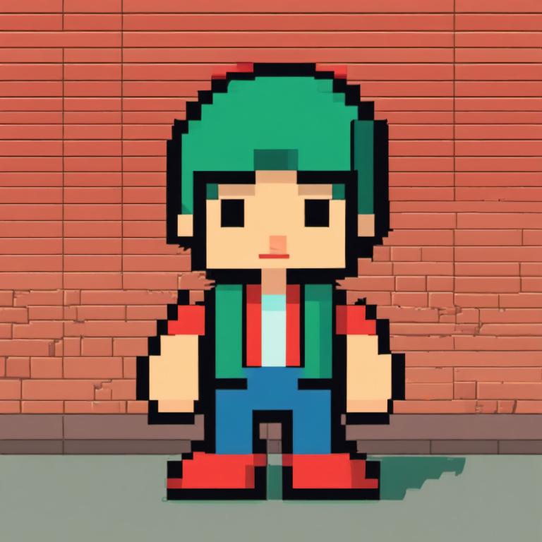 Pixel Art,Pixel Art, People, boy, 1boy, solo, male focus, brick wall, shirt, green hair, red footwear