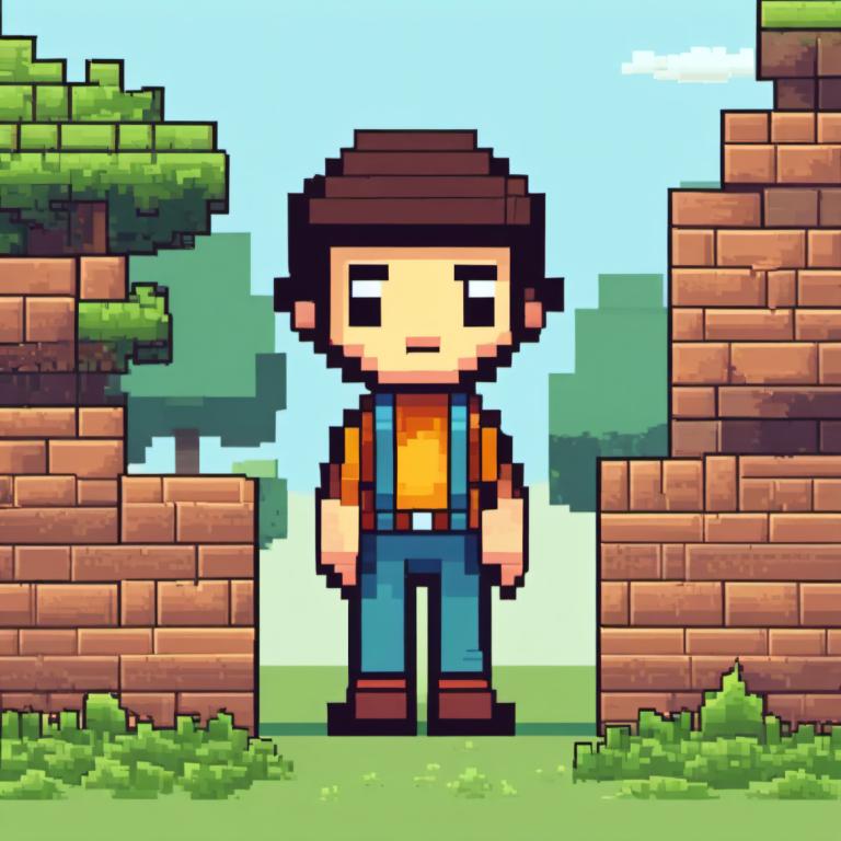 Pixel Art,Pixel Art, People, boy, 1boy, solo, male focus, shirt, outdoors, brown footwear, grass, tree, day