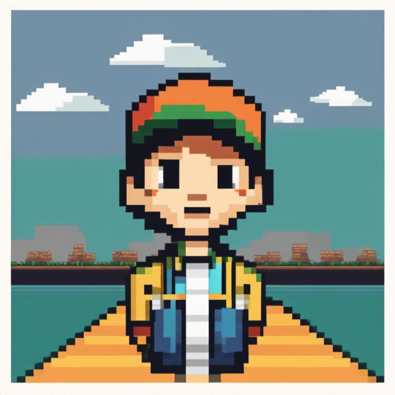 Pixel Art,Pixel Art, People, boy, 1boy, male focus, solo, cloud, outdoors, striped shirt, sky, shirt