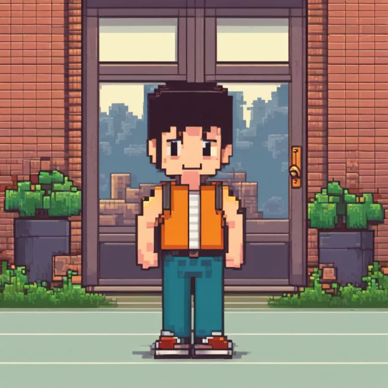 Pixel Art,Pixel Art, People, boy, 1boy, male focus, solo, black hair, shirt, smile, shoes, pants, window