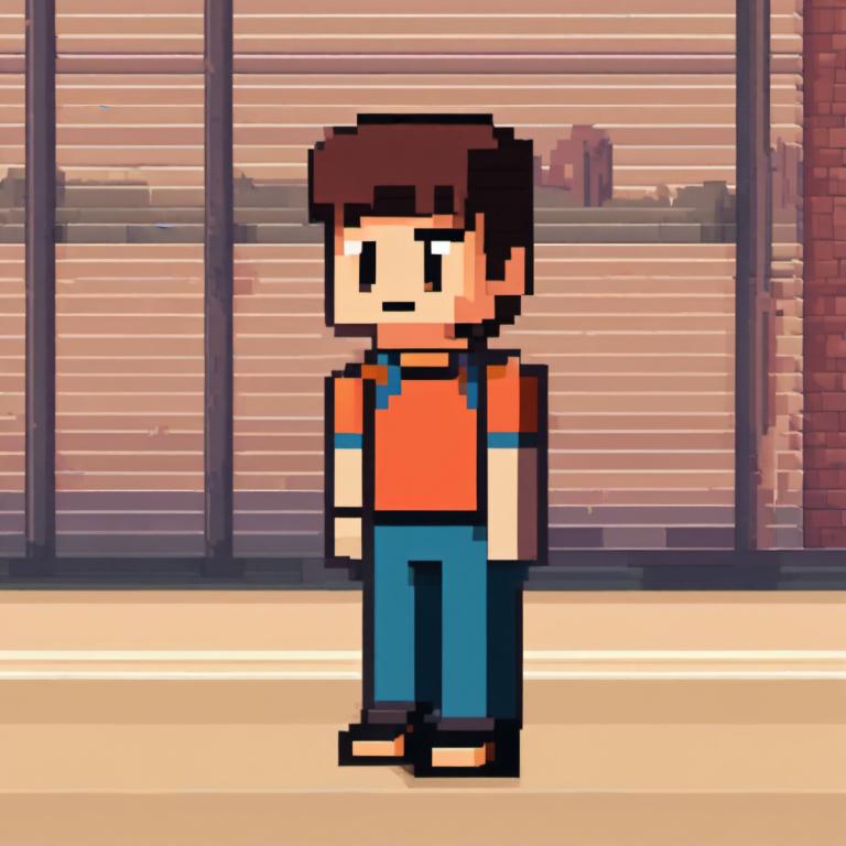 Pixel Art,Pixel Art, People, boy, solo, 1boy, male focus, brown hair, shirt, standing, brown eyes, bag