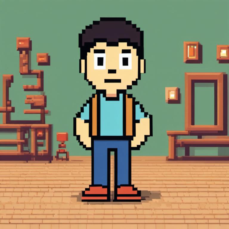 Pixel Art,Pixel Art, People, boy, 1boy, male focus, solo, shirt, red footwear, chair, blue shirt, pants