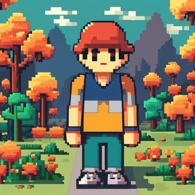 Pixel Art,Pixel Art, People, boy, 1boy, red headwear, outdoors, male focus, tree, hat, solo, day, standing