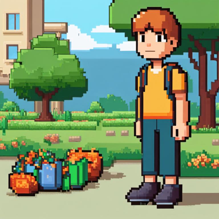 Pixel Art,Pixel Art, Oameni, băiat, 1 băiat, copac, în aer liber, solo, focalizare masculină, cămaşă, nor