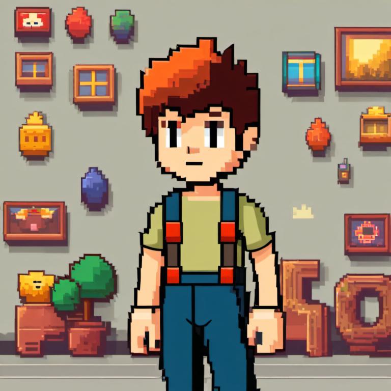 Pixel Art,Pixel Art, People, boy, 1boy, brown hair, male focus, solo, shirt, standing, potted plant