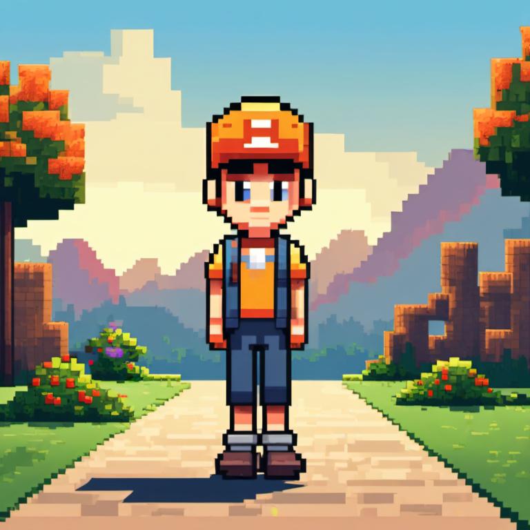 Pixel art,Pixel art, Personnes, garçon, 1garçon, en plein air, foyer masculin, chapeau, solo, yeux bleus