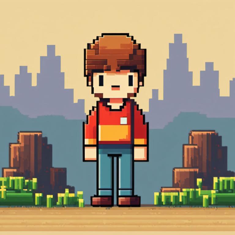 Pixel Art,Pixel Art, People, boy, brown hair, 1boy, male focus, solo, shirt, brown footwear, outdoors, smile