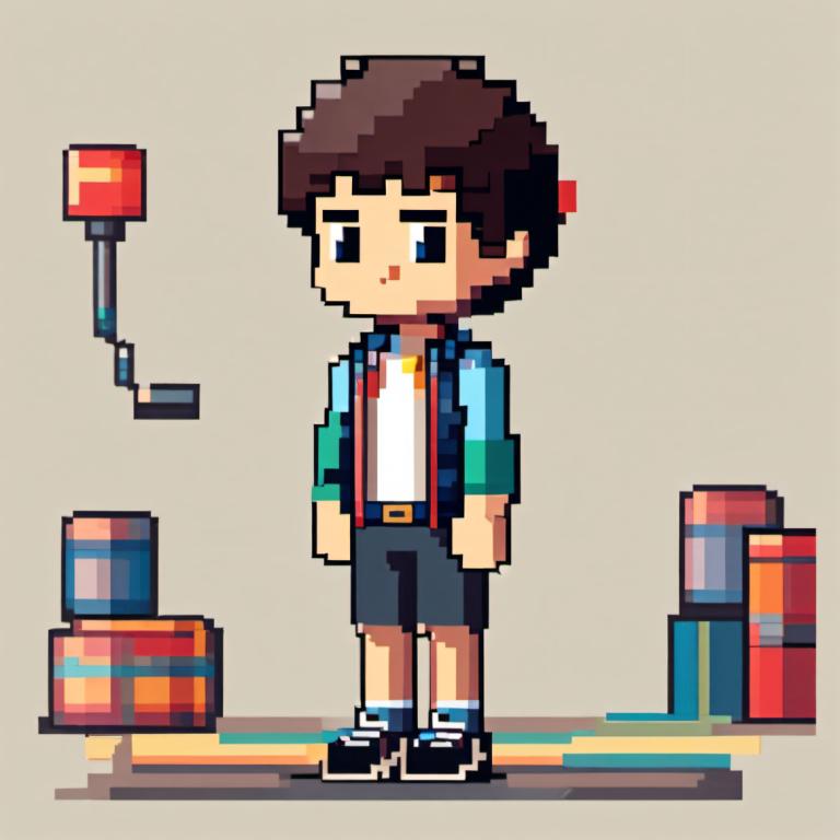 Pixel Art,Pixel Art, People, boy, 1boy, male focus, solo, brown hair, shorts, blue eyes, grey background