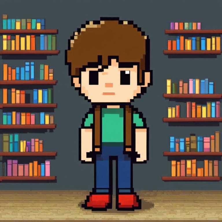 Pixel Art,Pixel Art, People, boy, brown hair, 1boy, solo, male focus, shirt, red footwear, bookshelf, pants