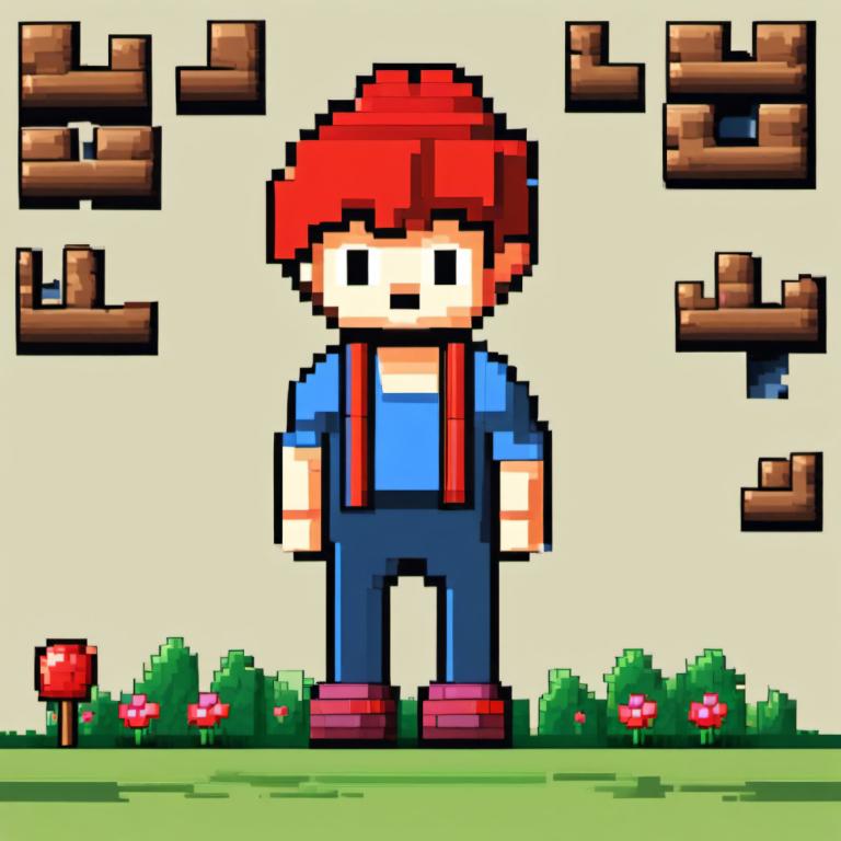 Pixel Art,Pixel Art, People, boy, 1boy, male focus, shirt, solo, standing, flower, grass, black eyes