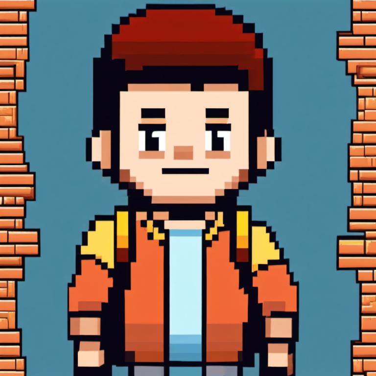 Pixel Art,Pixel Art, People, boy, 1boy, male focus, solo, brown hair, gloves, orange jacket, jacket