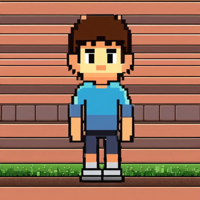 Pixel Art,Pixel Art, People, boy, solo, brown hair, 1boy, male focus, shirt, arms at sides, blue shirt