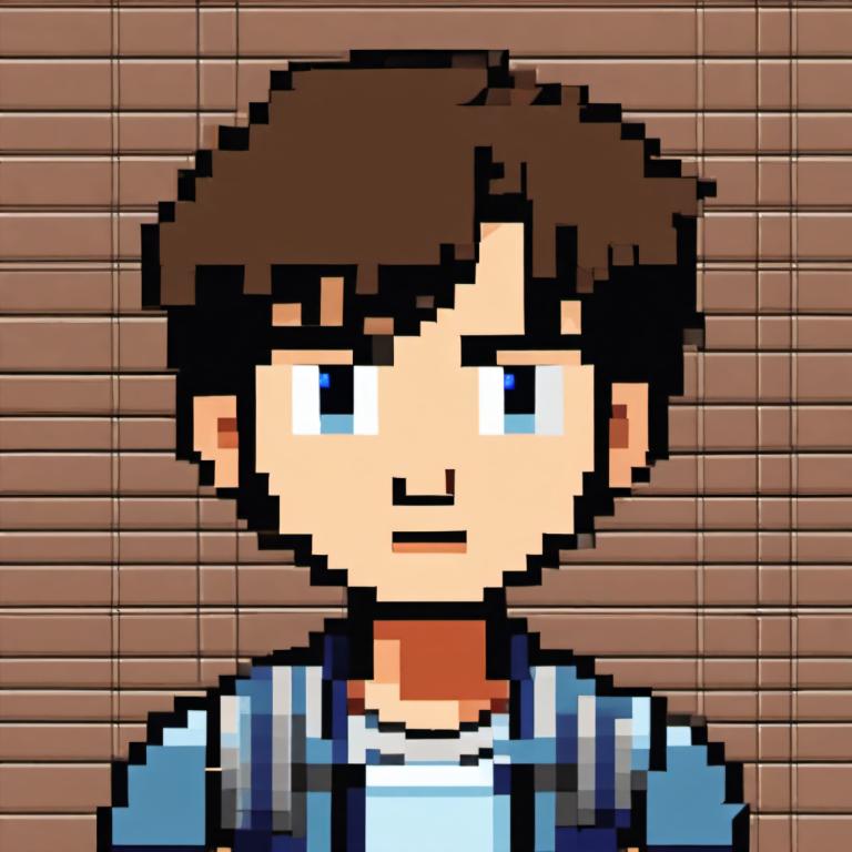 Pixel Art,Pixel Art, People, boy, 1boy, male focus, solo, brown hair, blue eyes, upper body, meme