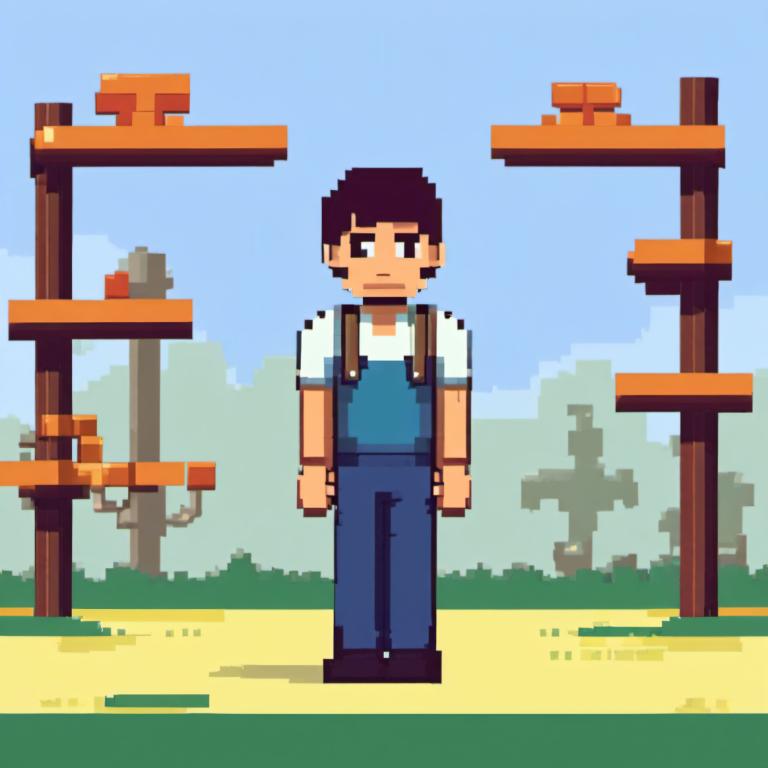 Pixel Art,Pixel Art, People, boy, 1boy, male focus, solo, outdoors, overalls, shirt, standing, white shirt