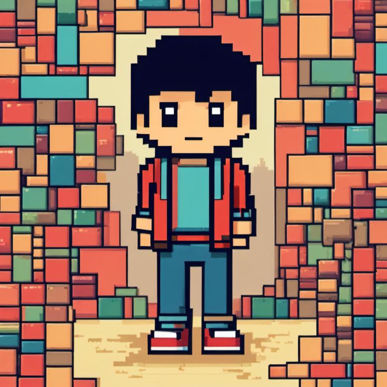 Pixel Art,Pixel Art, People, boy, 1boy, male focus, solo, black hair, shirt, red jacket, jacket, shoes, pants