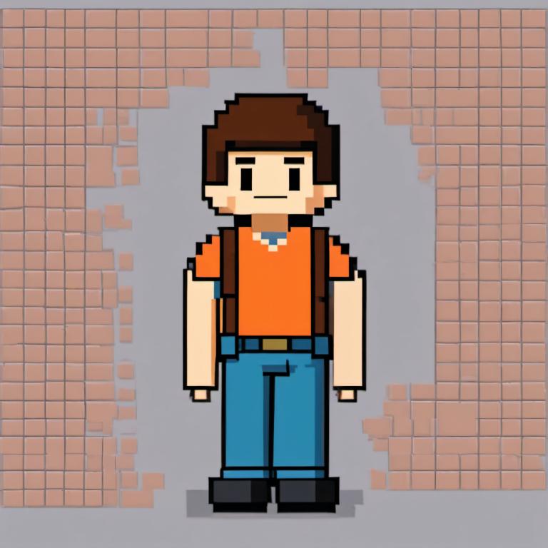 Pixel Art,Pixel Art, People, boy, 1boy, solo, male focus, brown hair, shirt, black footwear, pants