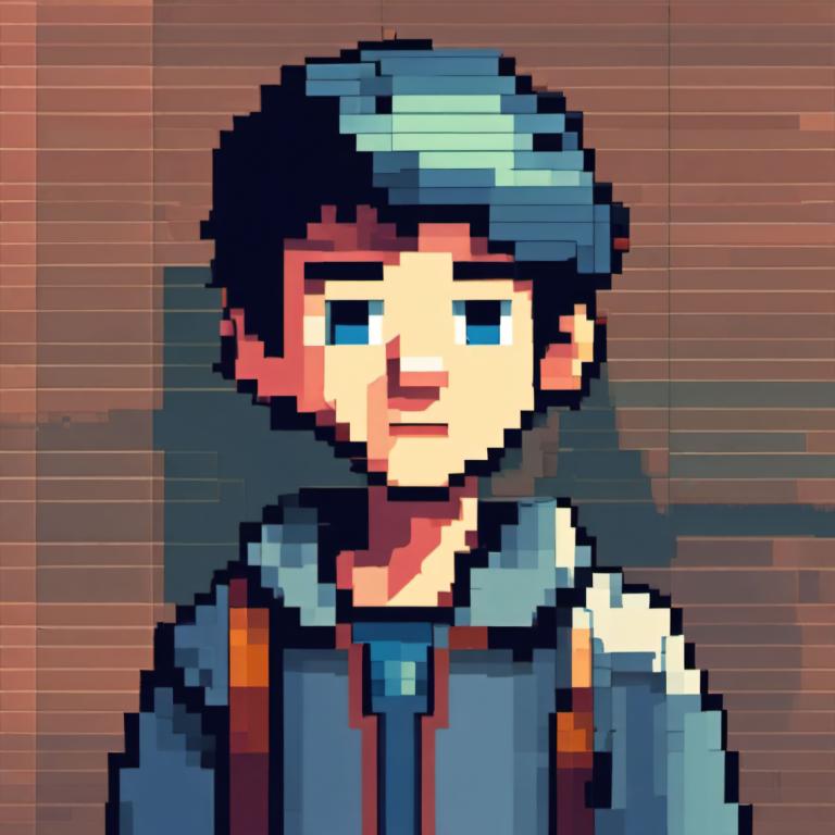 Pixel Art,Pixel Art, People, boy, solo, 1boy, male focus, blue eyes, facial hair, upper body, black hair