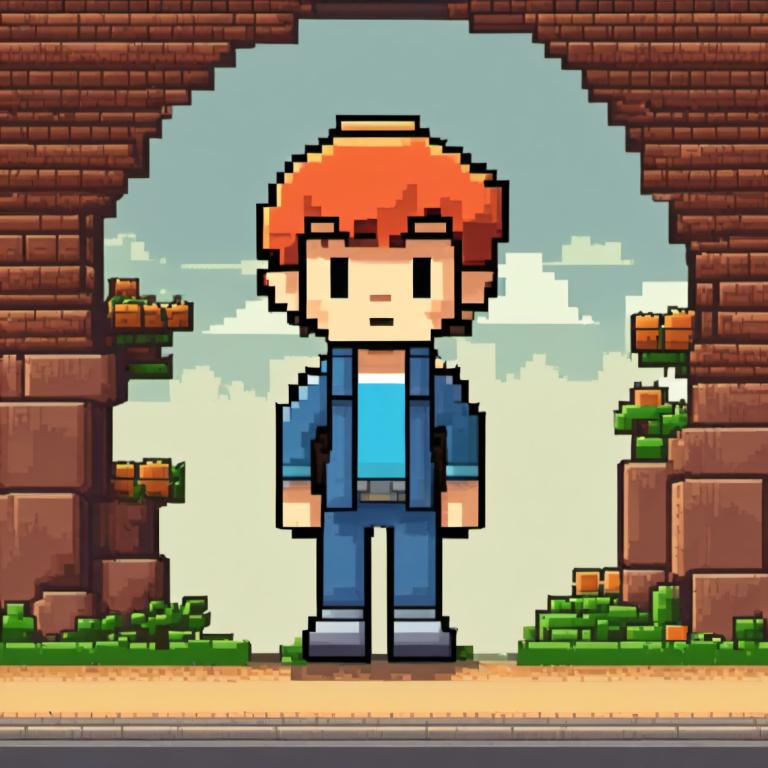 Pixel Art,Pixel Art, People, boy, solo, 1boy, orange hair, male focus, shirt, outdoors, belt, jacket, pants