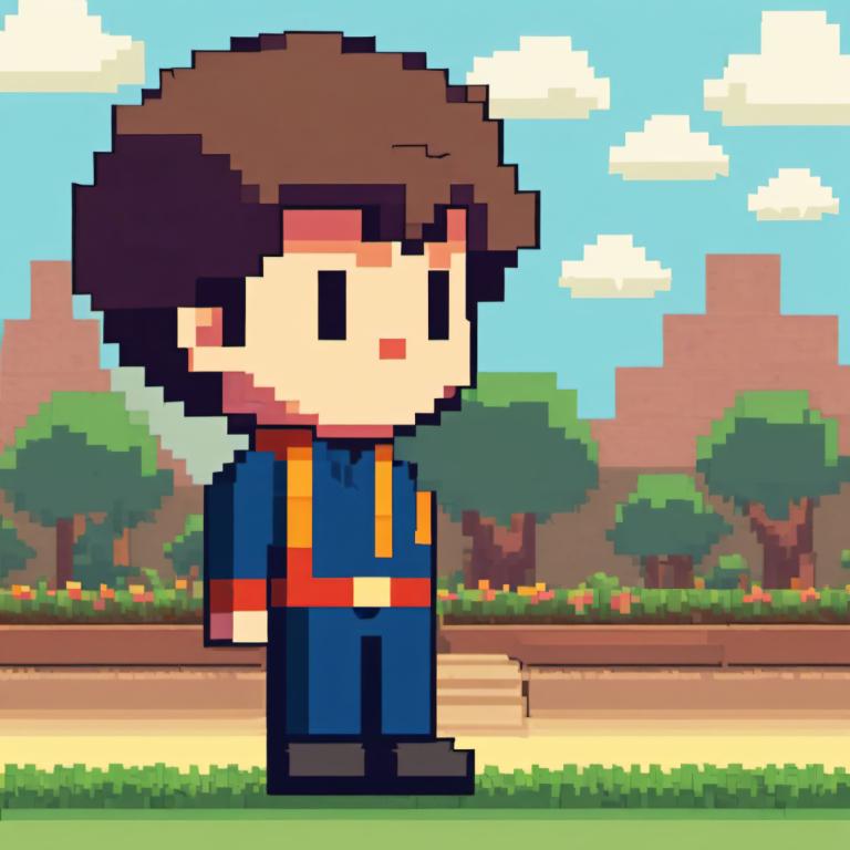 Pixel Art,Pixel Art, People, boy, 1boy, male focus, brown hair, solo, outdoors, cloud, day, sky, tree, grass