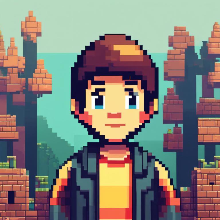 Pixel Art,Pixel Art, People, boy, 1boy, solo, male focus, blue eyes, brown hair, shirt, facial hair