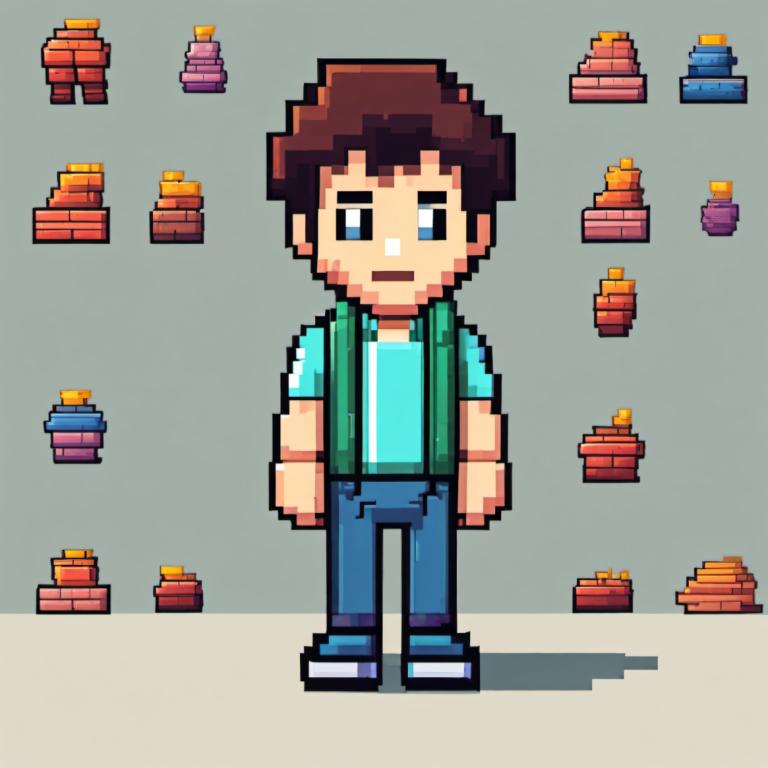 Pixel Art,Pixel Art, People, boy, 1boy, male focus, brown hair, solo, shirt, pants, blue eyes