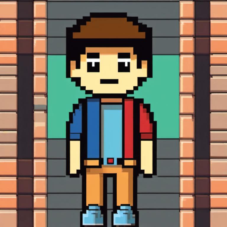 Pixel Art,Pixel Art, People, boy, 1boy, male focus, solo, brown hair, shirt, pants, belt, shoes, jacket