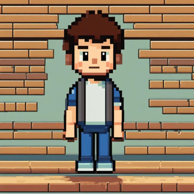 Pixel Art,Pixel Art, People, boy, brown hair, solo, 1boy, male focus, shirt, standing, brick wall, pants