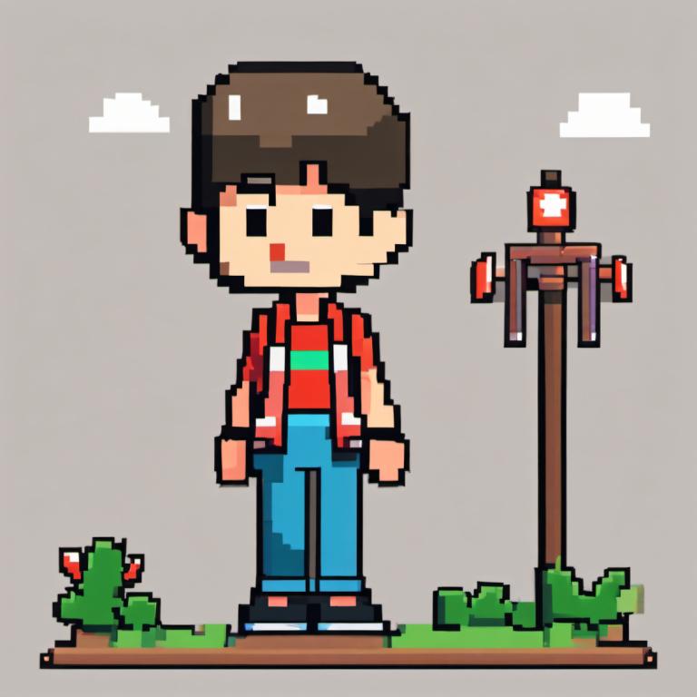 Pixel Art,Pixel Art, People, boy, 1boy, male focus, grey background, solo, brown hair, shirt, pants