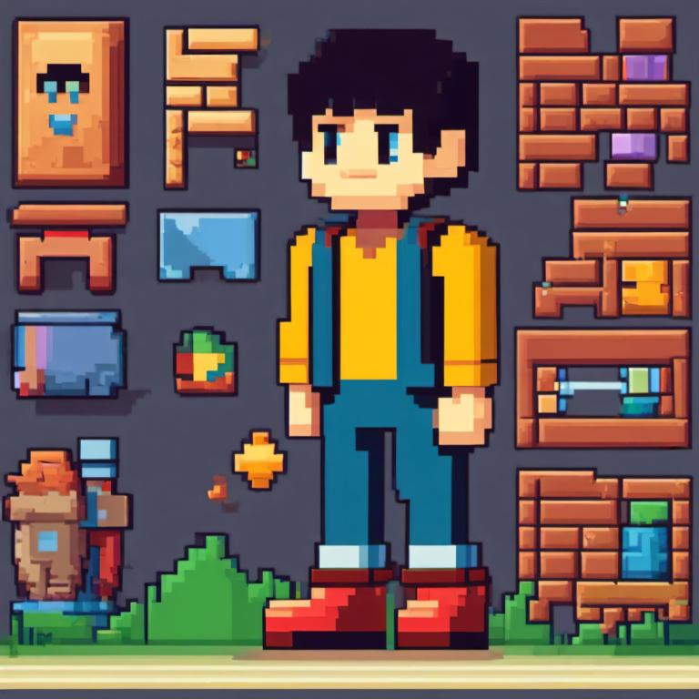 Pixel Art,Pixel Art, People, boy, 1boy, red footwear, shirt, male focus, yellow shirt, black hair, standing