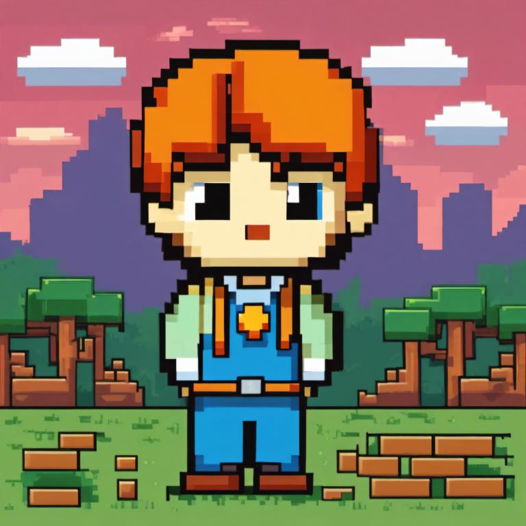 Pixel Art,Pixel Art, People, boy, 1boy, solo, male focus, orange hair, cloud, outdoors, grass, brown footwear