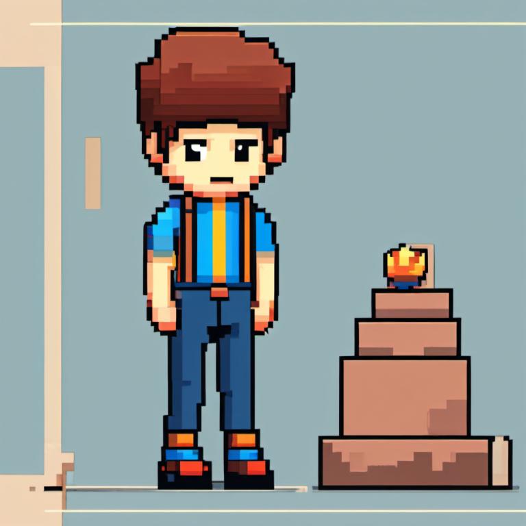 Pixel Art,Pixel Art, People, boy, 1boy, brown hair, shirt, male focus, pants, bag, standing, striped