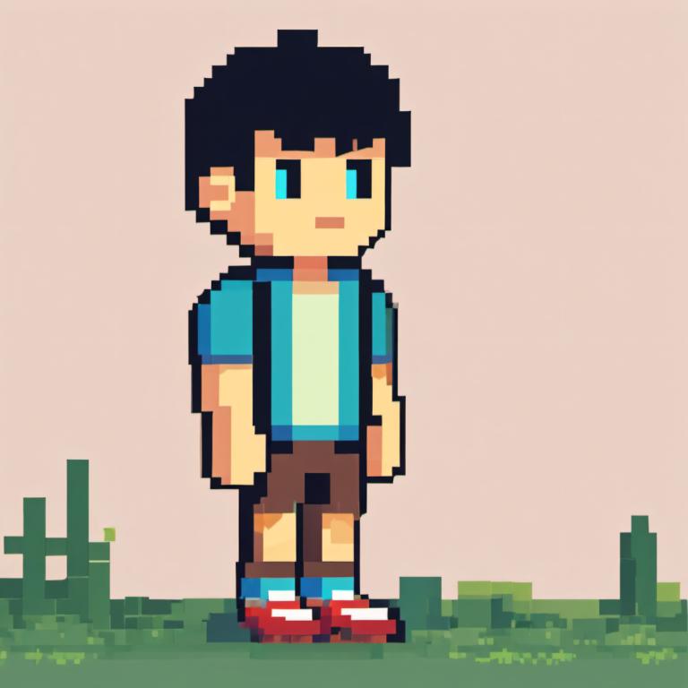 Pixel Art,Pixel Art, People, boy, backpack, 1boy, male focus, shorts, solo, black hair, blue eyes, bag, shirt