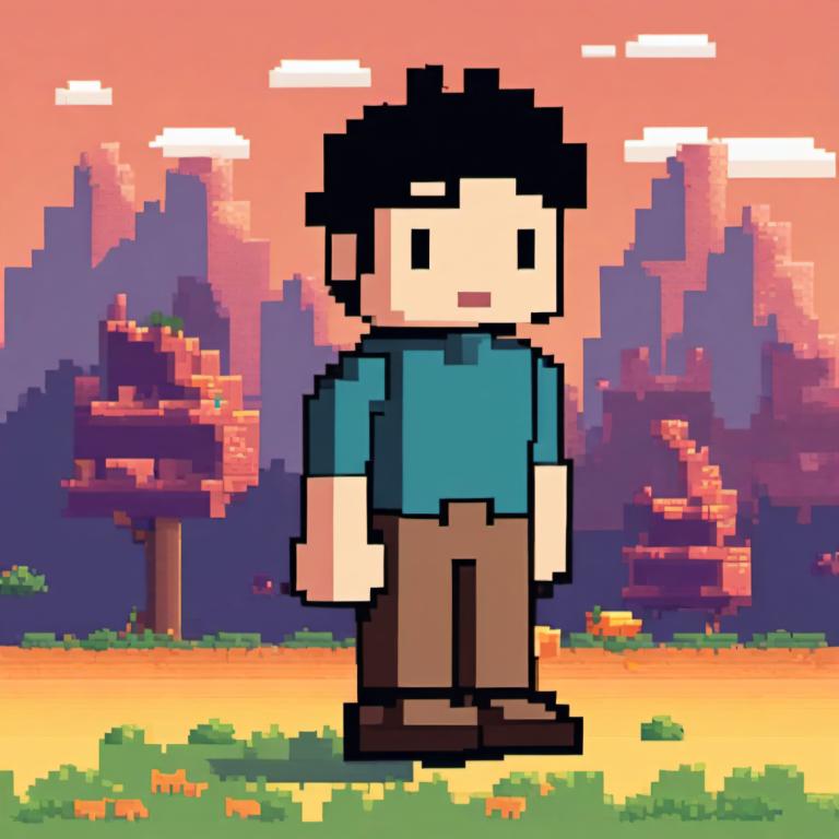 Pixel Art,Pixel Art, People, boy, 1boy, male focus, solo, black hair, brown pants, shirt, pants, outdoors