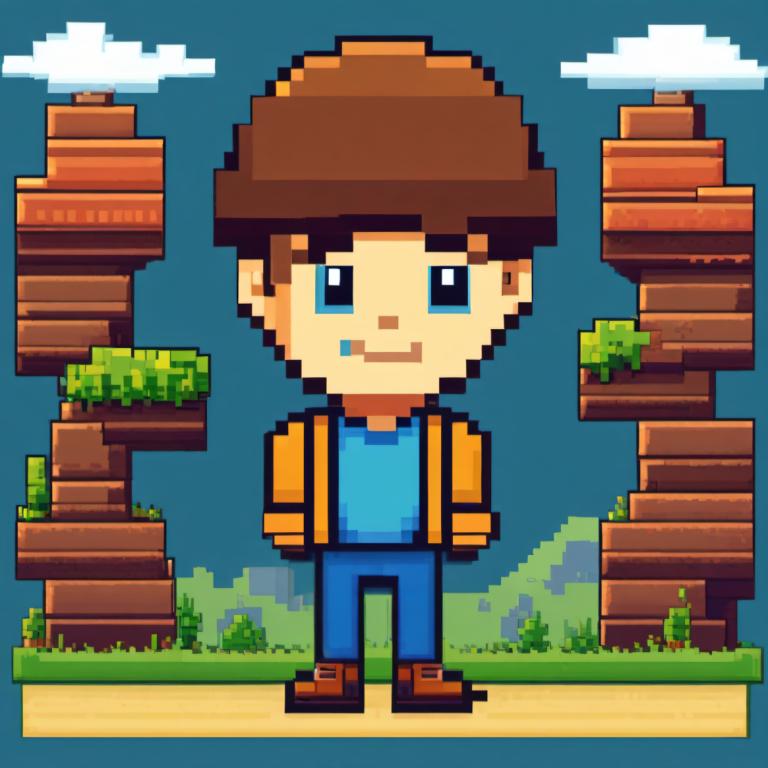 Pixel Art,Pixel Art, People, boy, 1boy, brown footwear, male focus, solo, brown hair, shirt, blue shirt