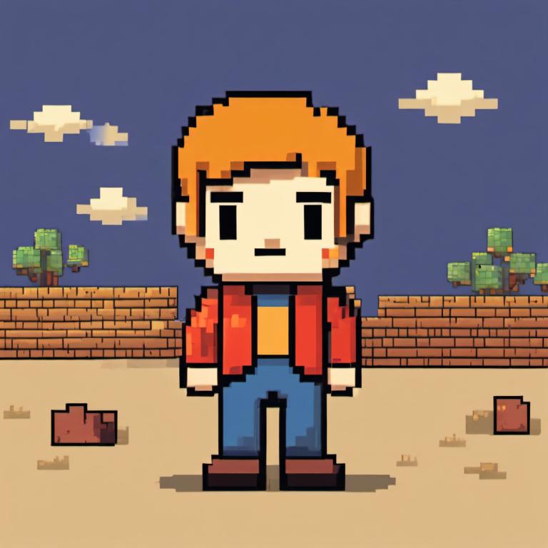 Pixel Art,Pixel Art, People, boy, 1boy, male focus, solo, orange hair, cloud, overalls, shirt, brown footwear